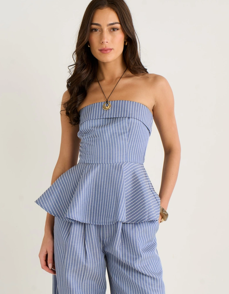Blue Bardot Stripe Peplum Top