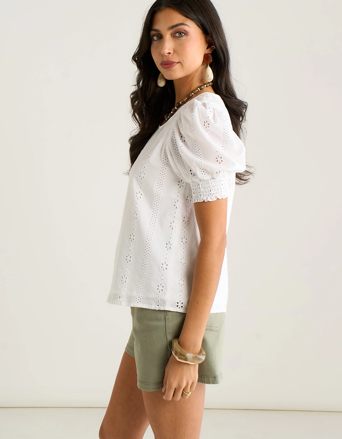 Cream Broderie Anglaise Puff Sleeves Top