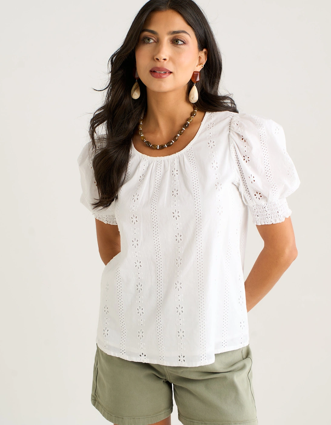 Cream Broderie Anglaise Puff Sleeves Top