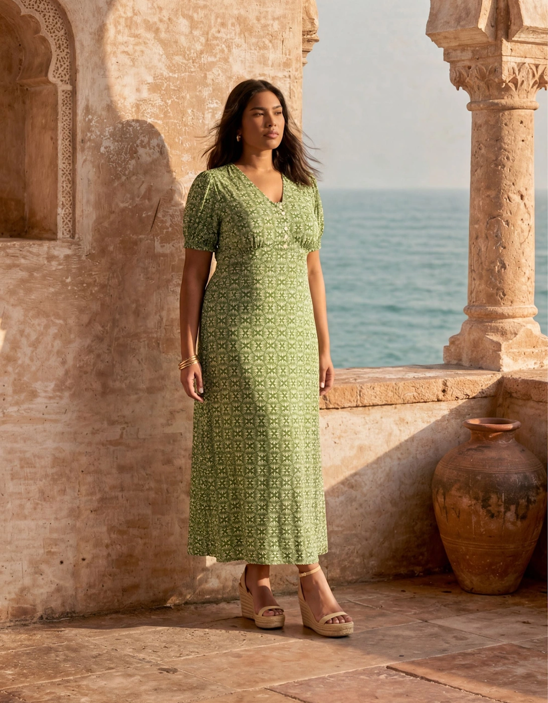 Green Geo Print Jersey Midaxi Dress