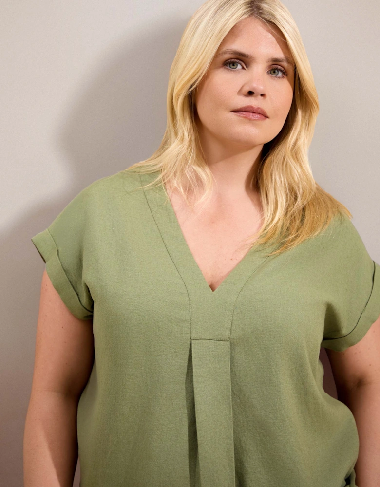 Green Linen Blend V-Neck Top
