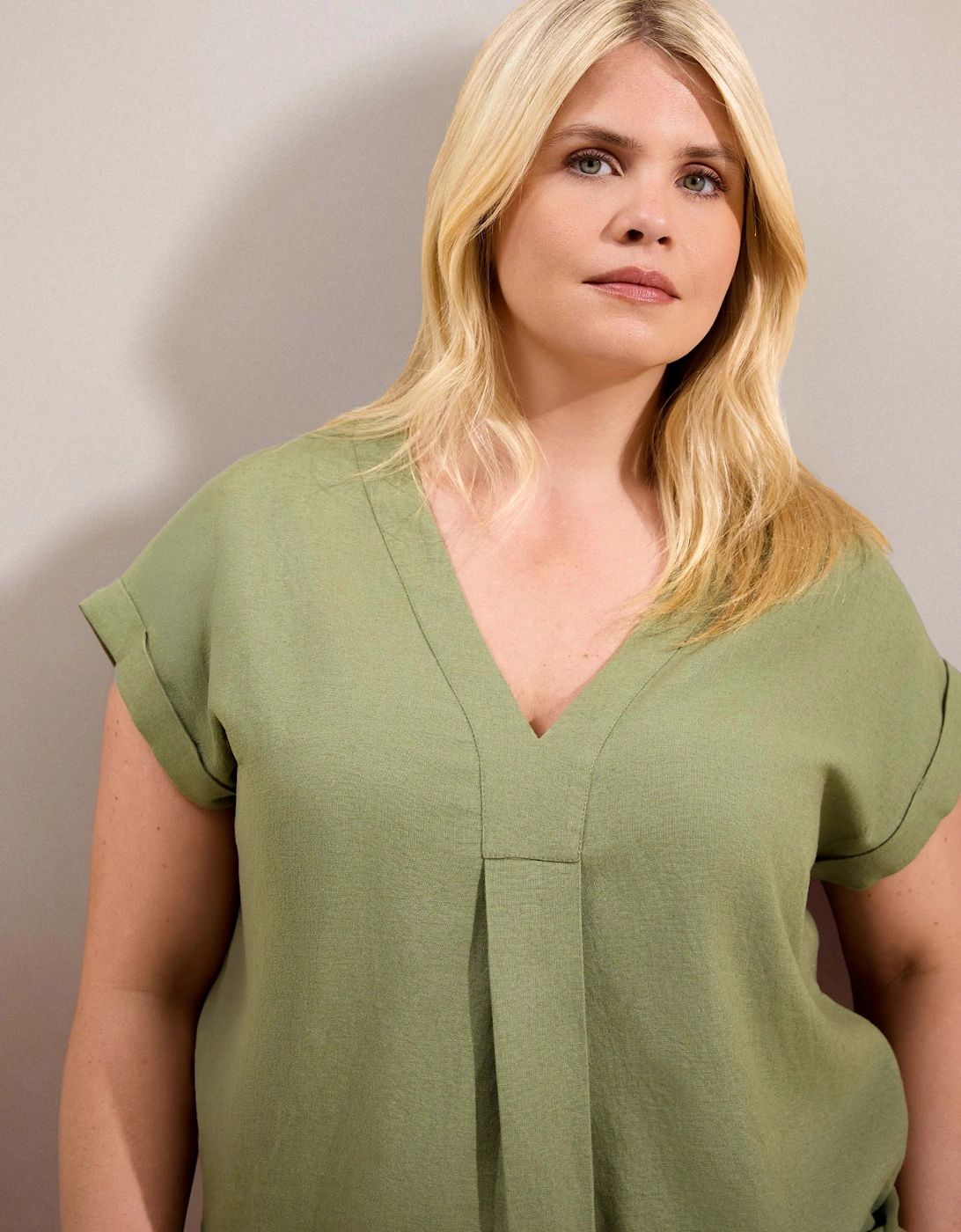 Green Linen Blend V-Neck Top