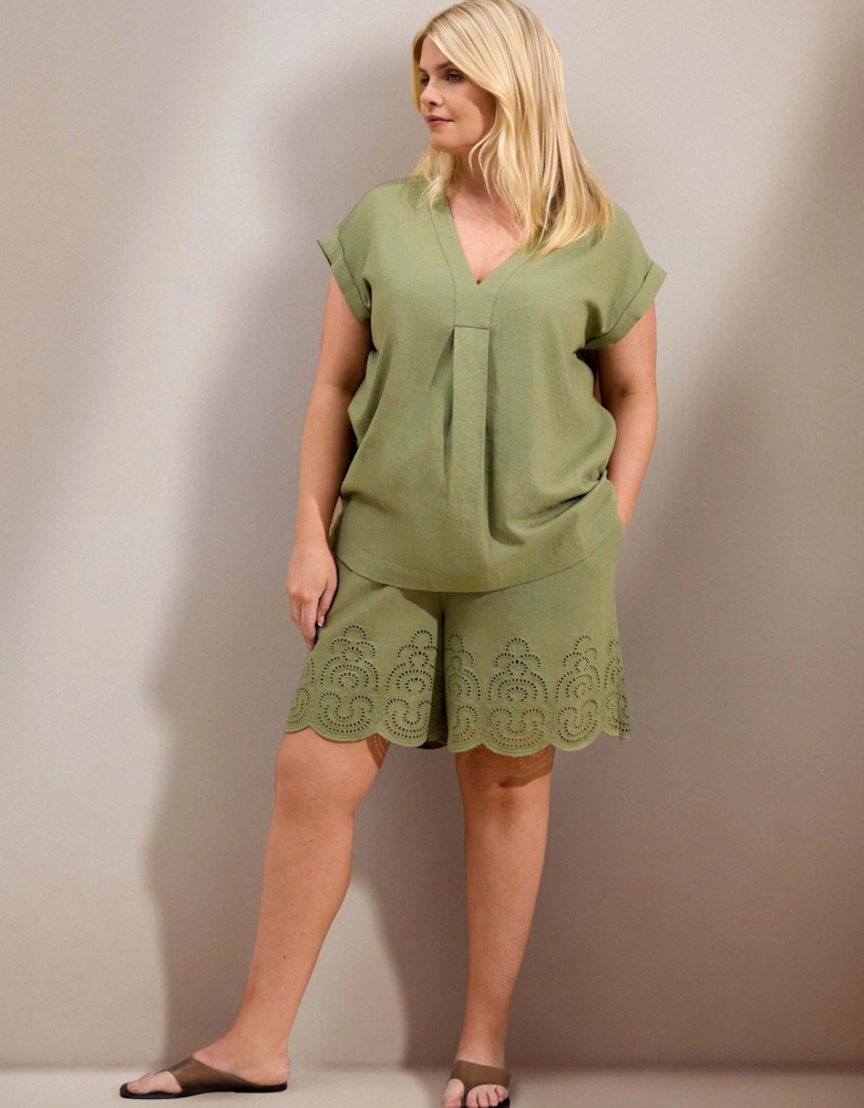 Green Linen Blend V-Neck Top