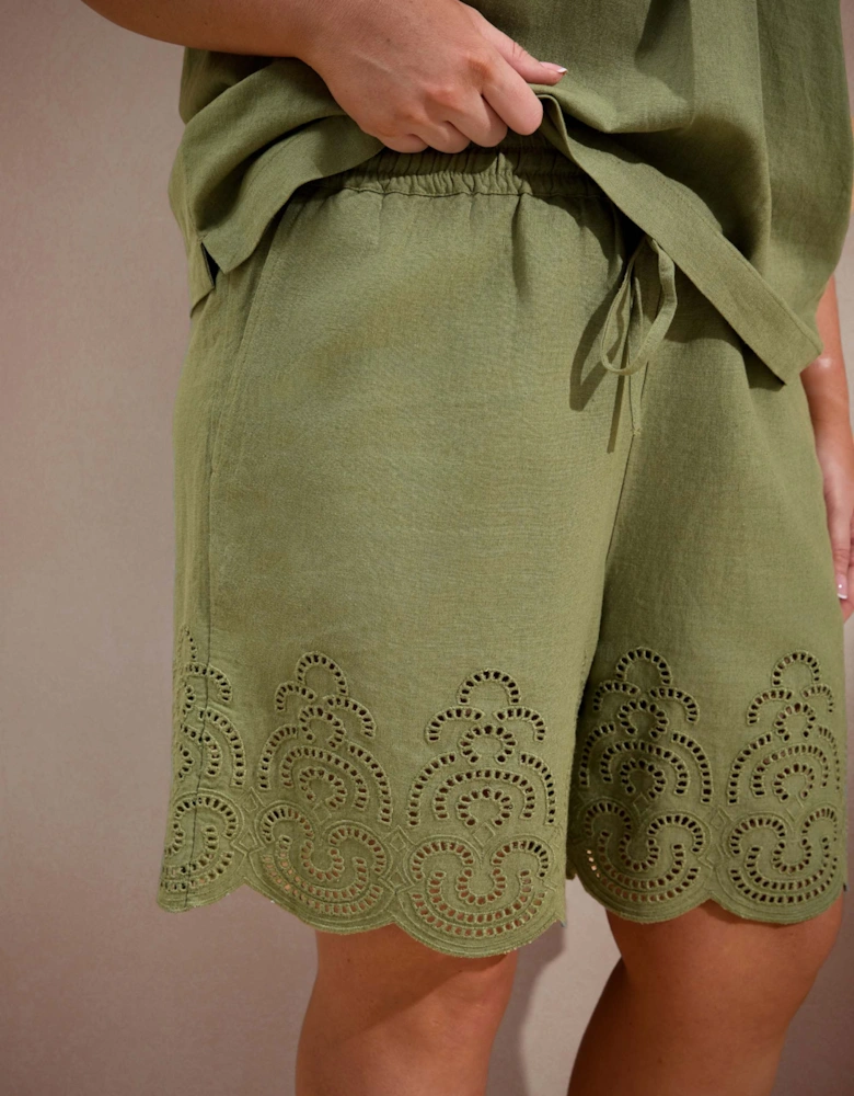 Green Linen Blend Broderie Shorts
