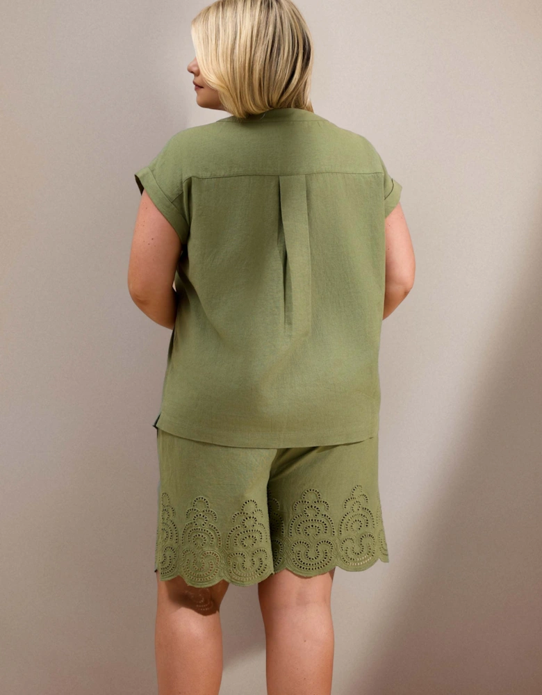 Green Linen Blend Broderie Shorts