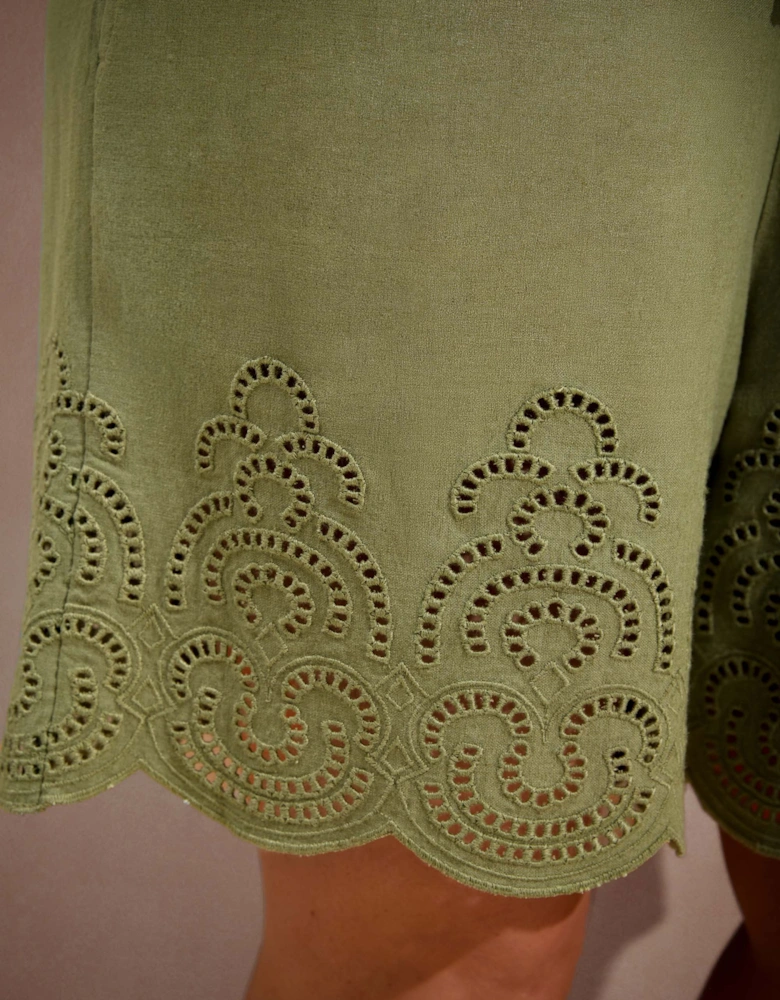 Green Linen Blend Broderie Shorts