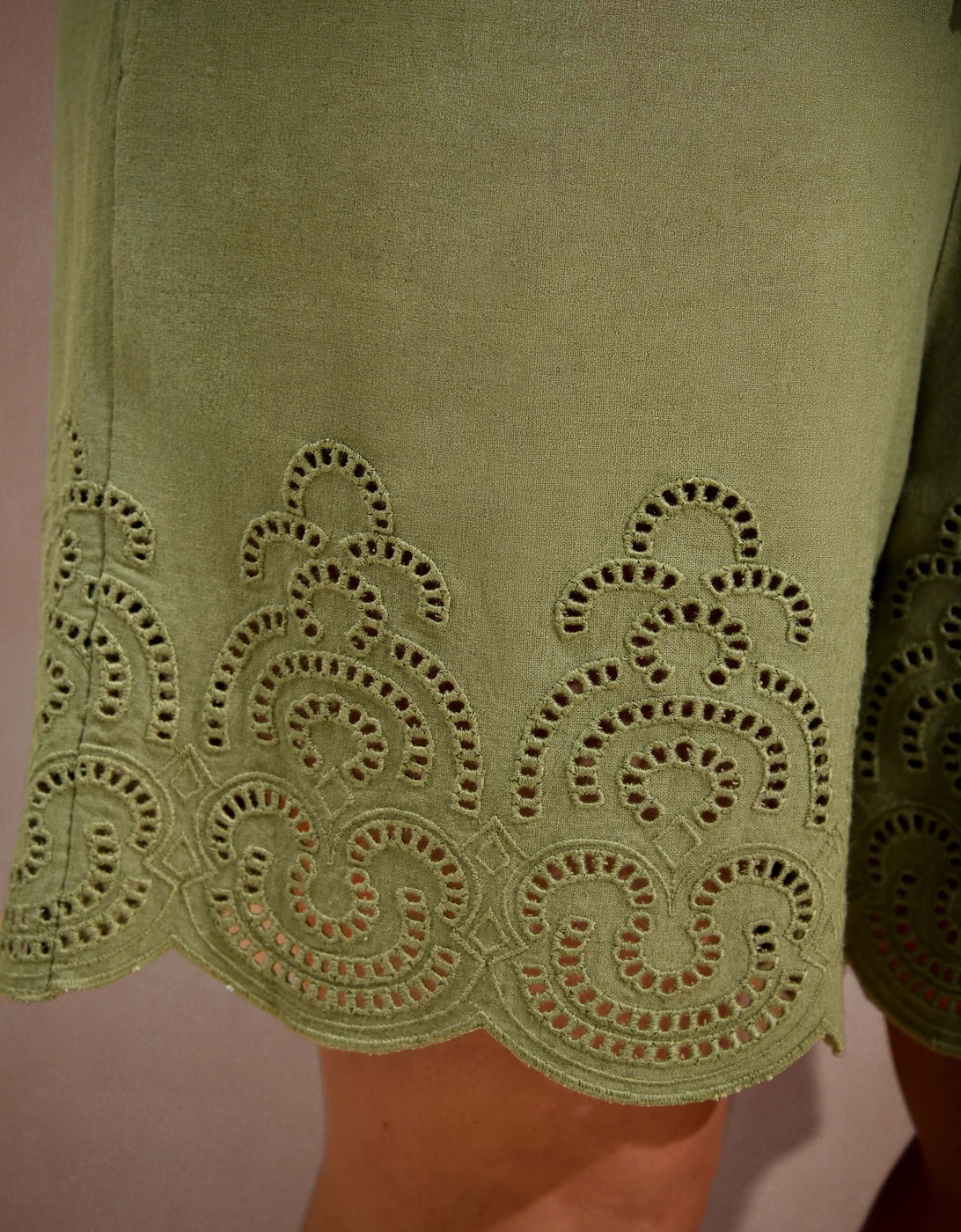 Green Linen Blend Broderie Shorts
