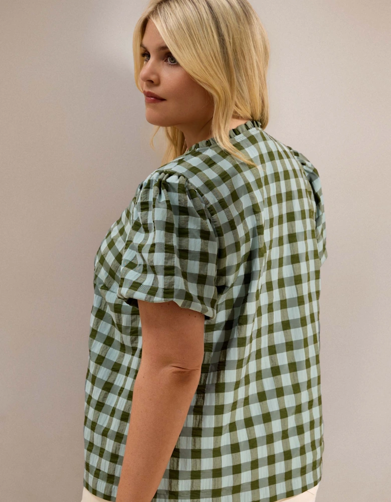 Green Gingham Button-Through Puff Sleeve Top