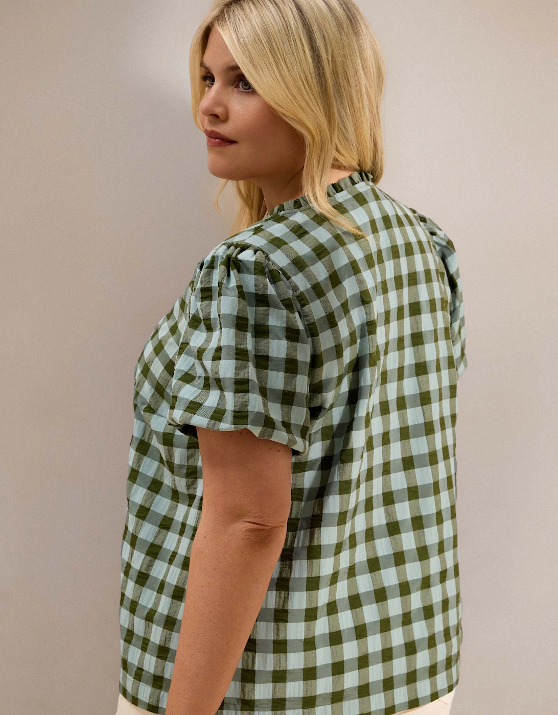 Green Gingham Button-Through Puff Sleeve Top