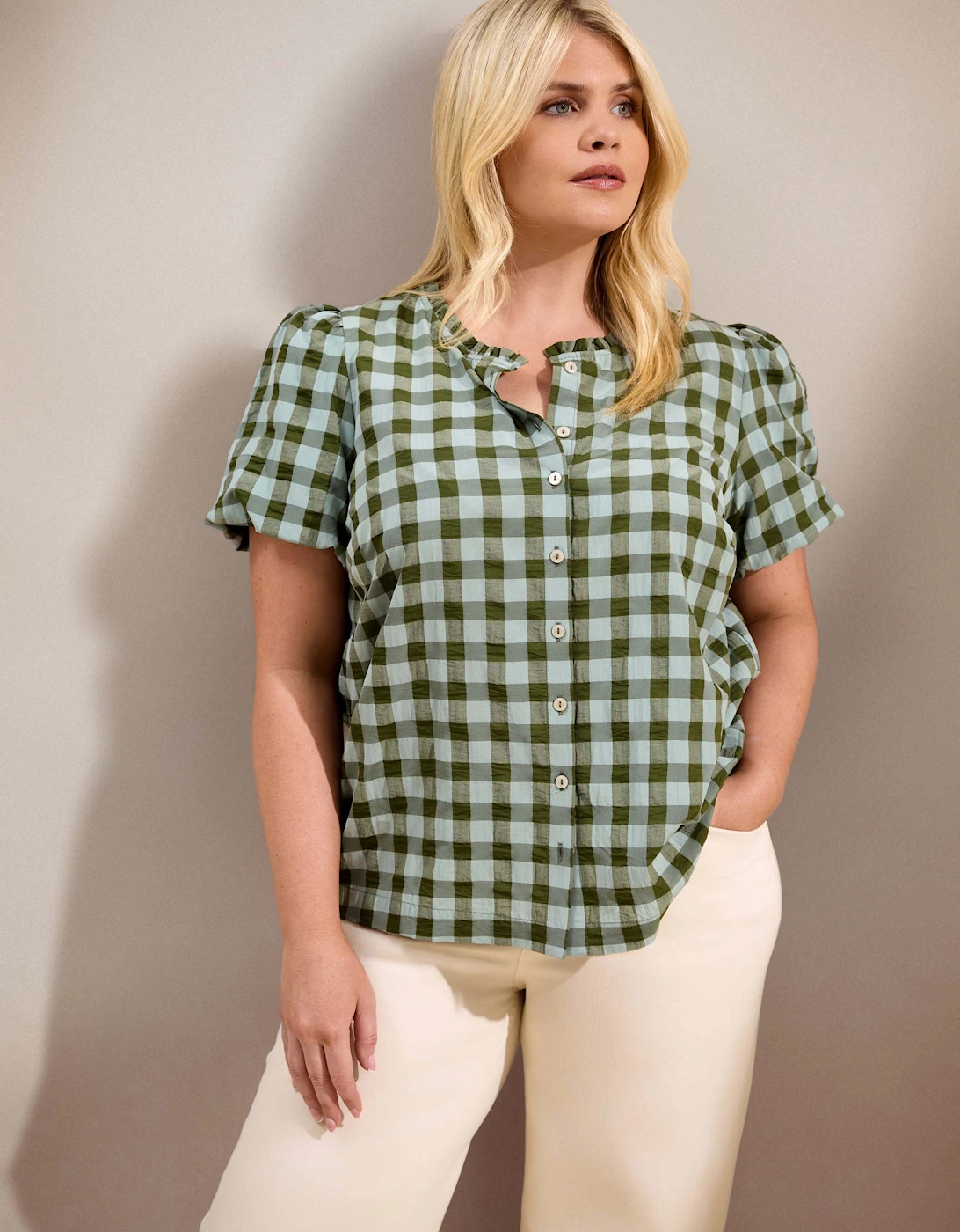 Green Gingham Button-Through Puff Sleeve Top
