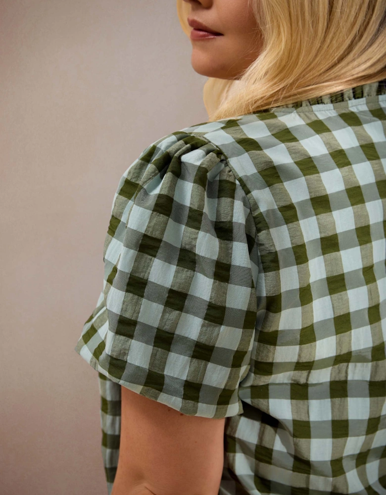 Green Gingham Button-Through Puff Sleeve Top