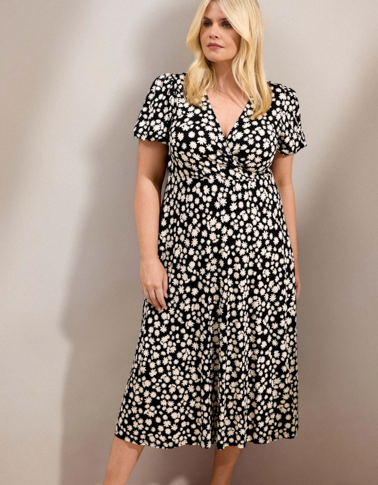 Black Ditsy Print Wrap Front Midi Dress with Short Sleeves