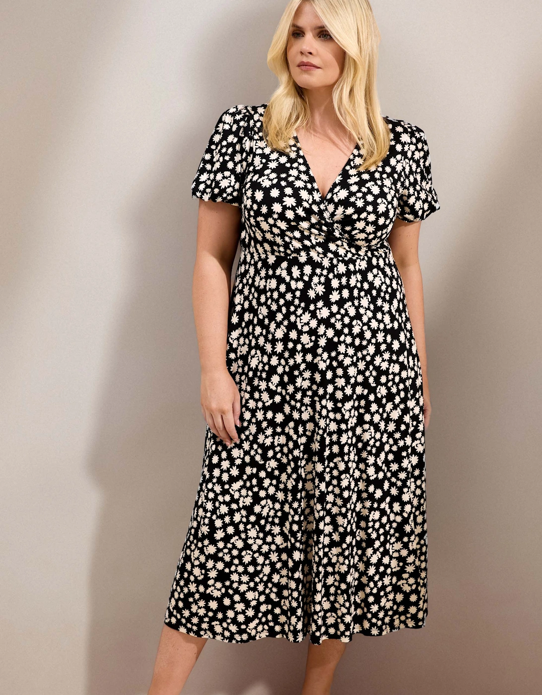 Black Ditsy Print Wrap Front Midi Dress with Short Sleeves