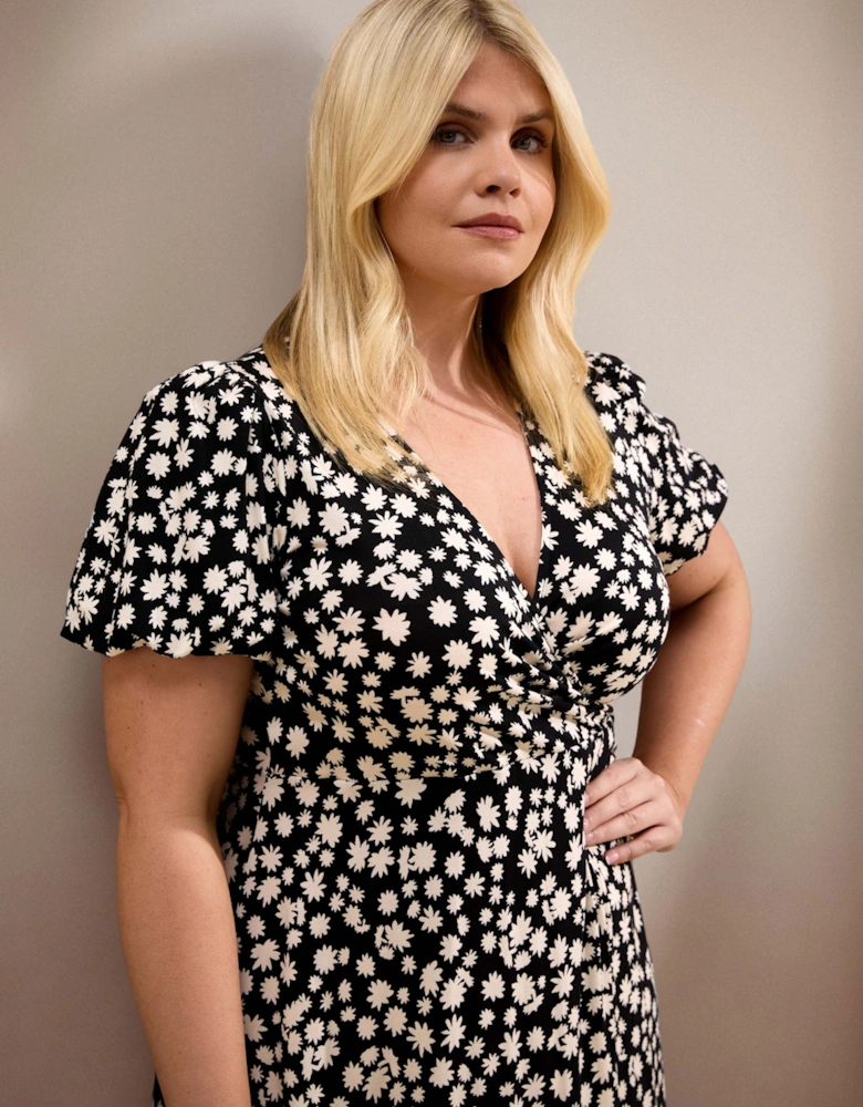 Black Ditsy Print Wrap Front Midi Dress with Short Sleeves