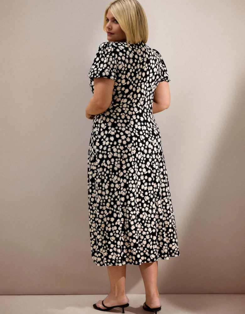 Black Ditsy Print Wrap Front Midi Dress with Short Sleeves