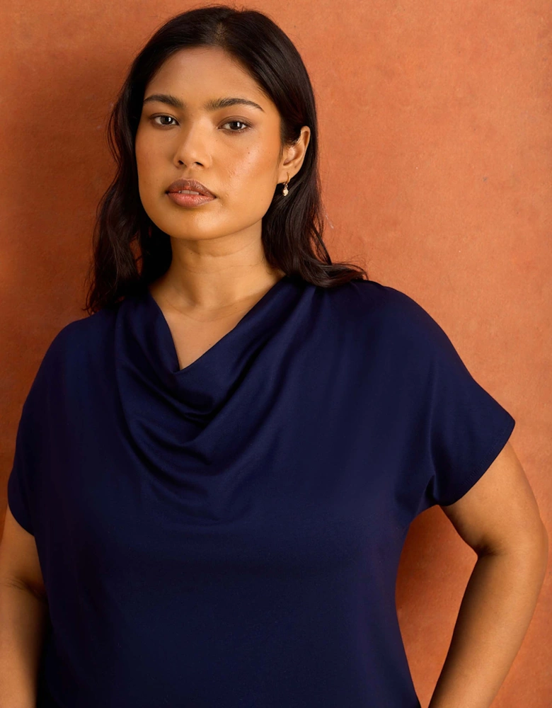 Navy Jersey Cowl Neck Short Sleeve Top