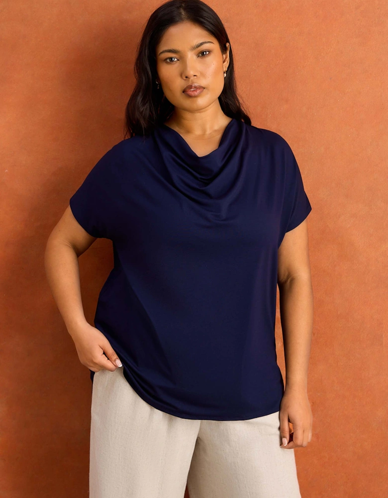 Navy Jersey Cowl Neck Short Sleeve Top