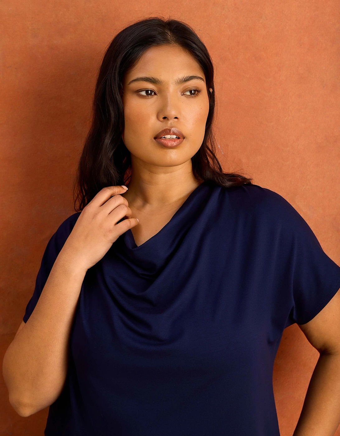 Navy Jersey Cowl Neck Short Sleeve Top