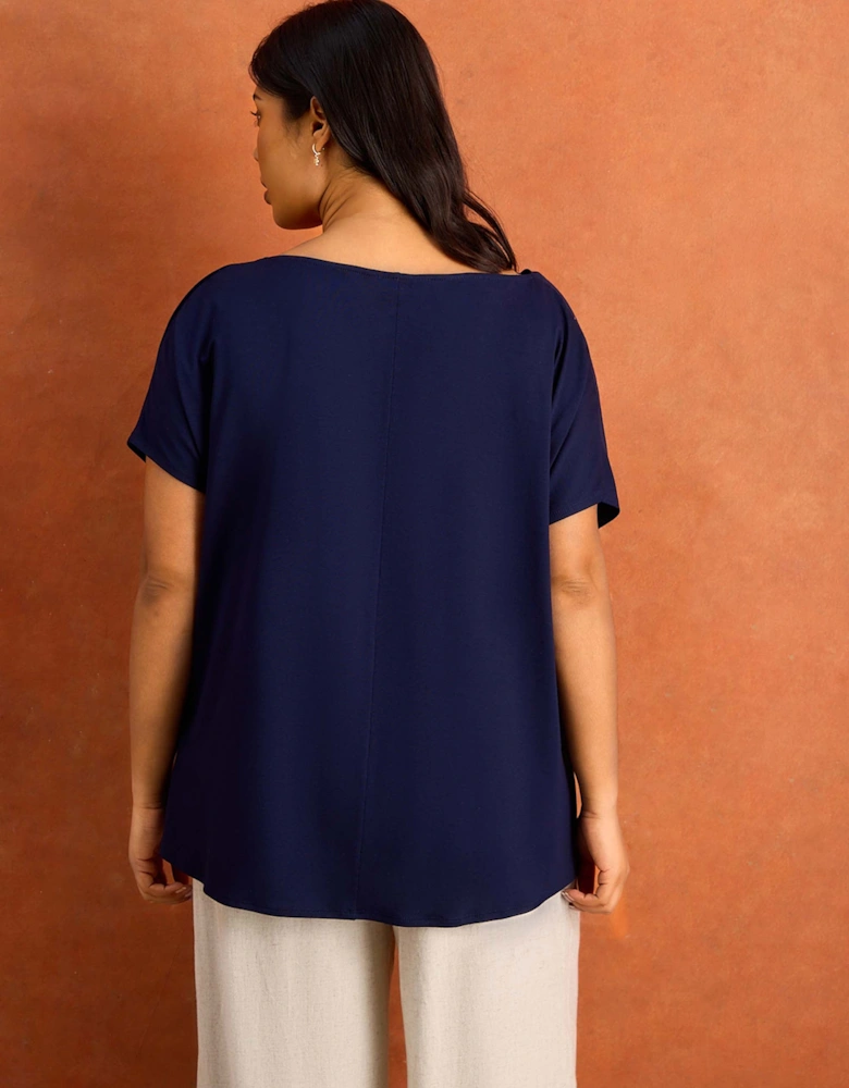 Navy Jersey Cowl Neck Short Sleeve Top