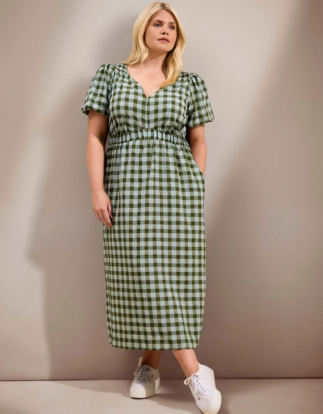 Green Gingham Puff Sleeve Midaxi Dress