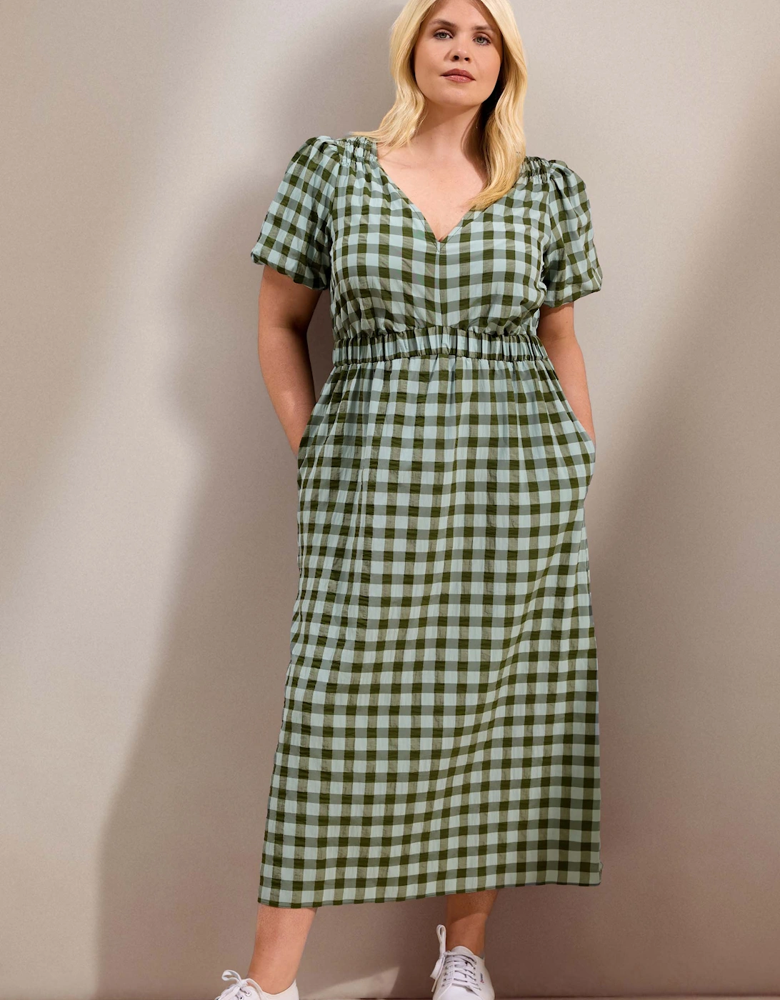 Green Gingham Puff Sleeve Midaxi Dress