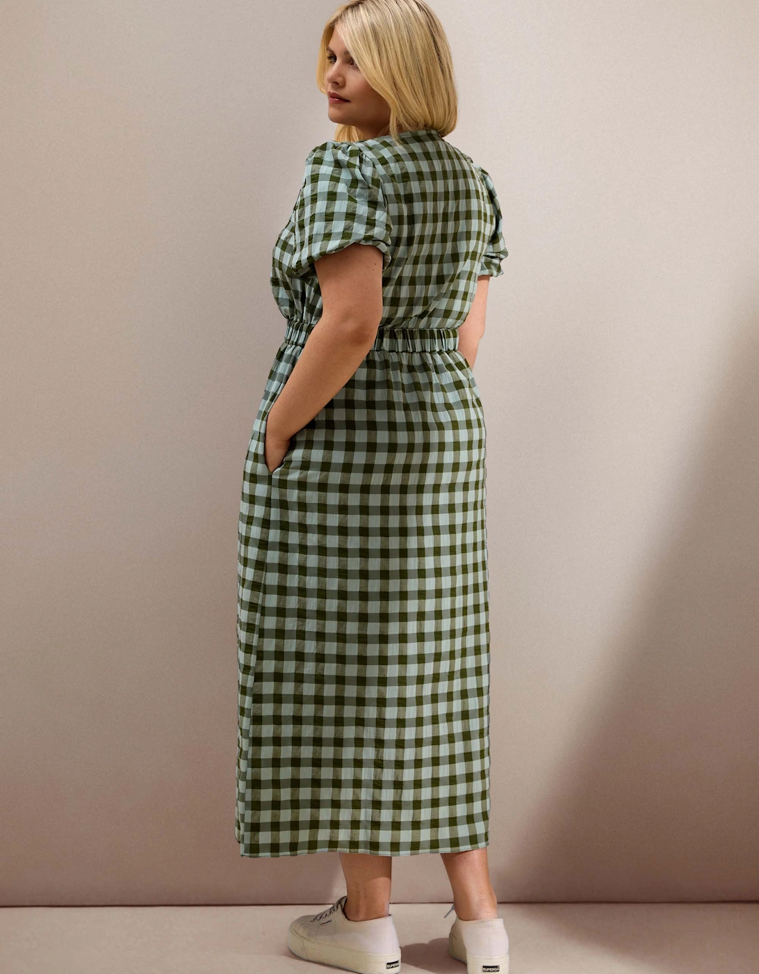 Green Gingham Puff Sleeve Midaxi Dress