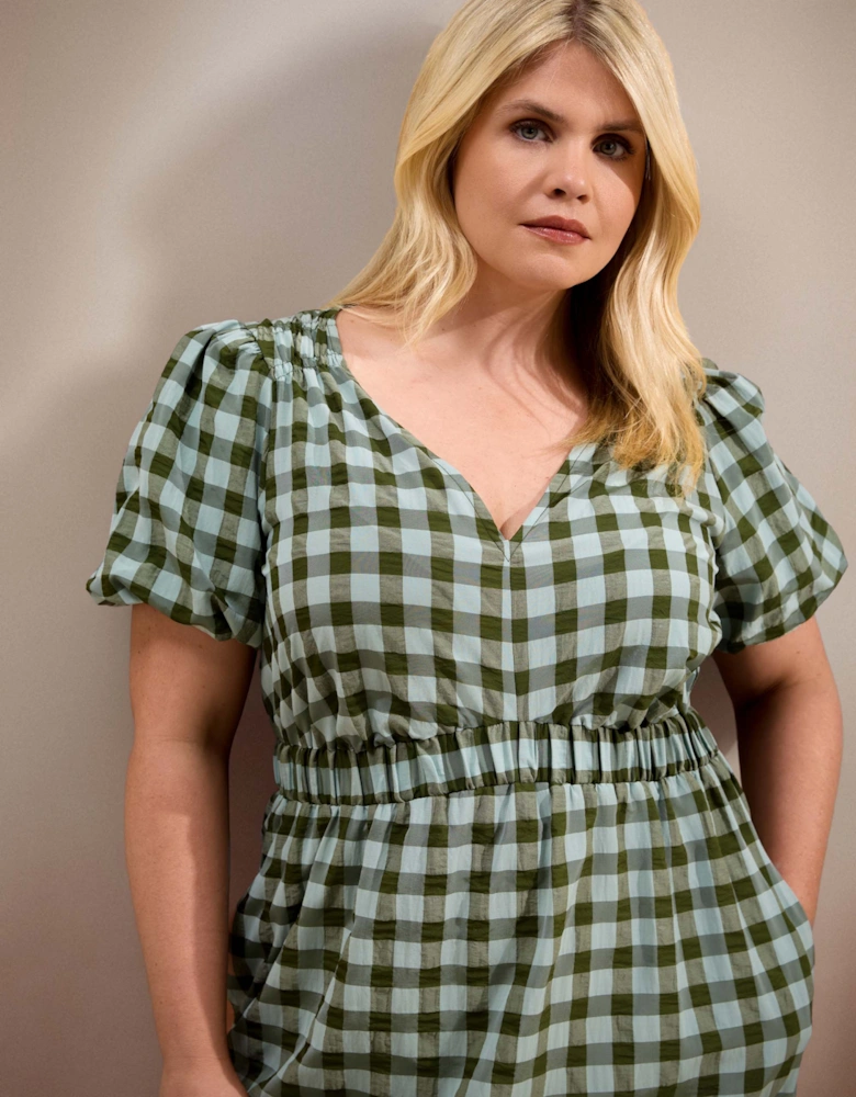Green Gingham Puff Sleeve Midaxi Dress