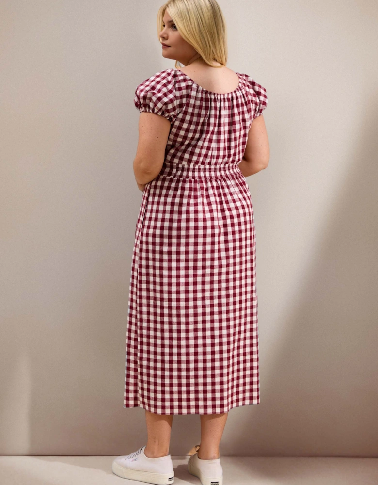 Berry Gingham Linen Blend Puff Sleeve Midaxi Dress