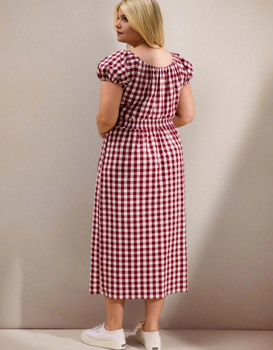 Berry Gingham Linen Blend Puff Sleeve Midaxi Dress