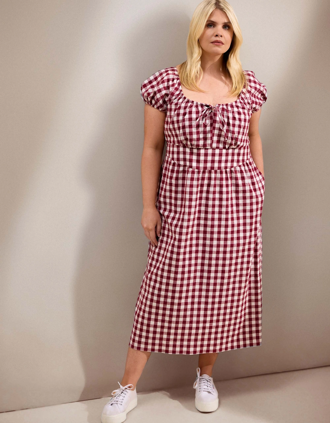 Berry Gingham Linen Blend Puff Sleeve Midaxi Dress