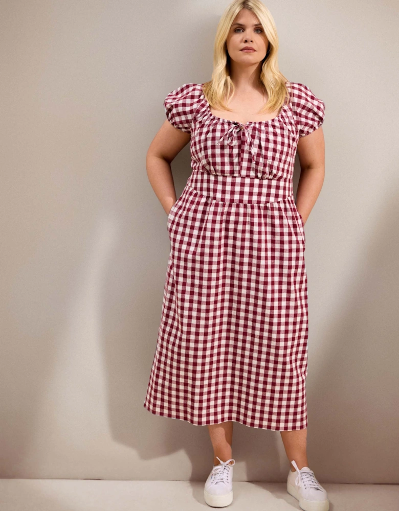 Berry Gingham Linen Blend Puff Sleeve Midaxi Dress