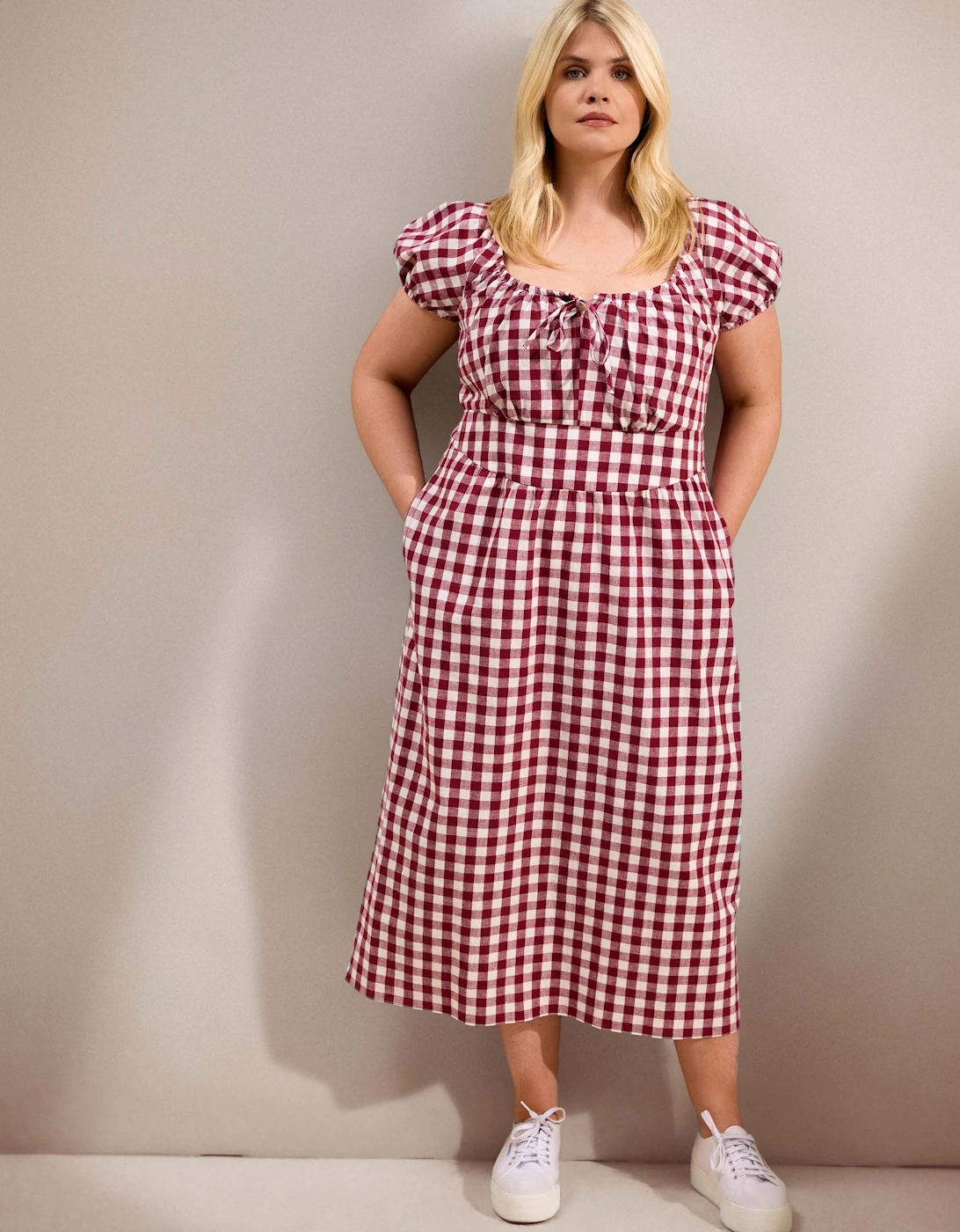 Berry Gingham Linen Blend Puff Sleeve Midaxi Dress