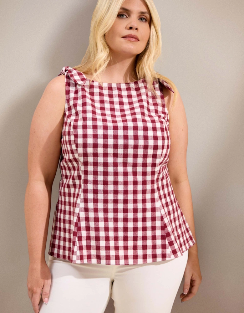 Berry Gingham Peplum Cotton-Linen Blend Bow Tie Top