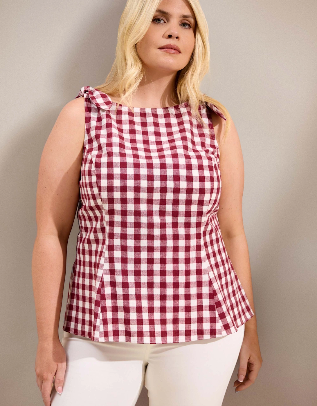 Berry Gingham Peplum Cotton-Linen Blend Bow Tie Top, 6 of 5