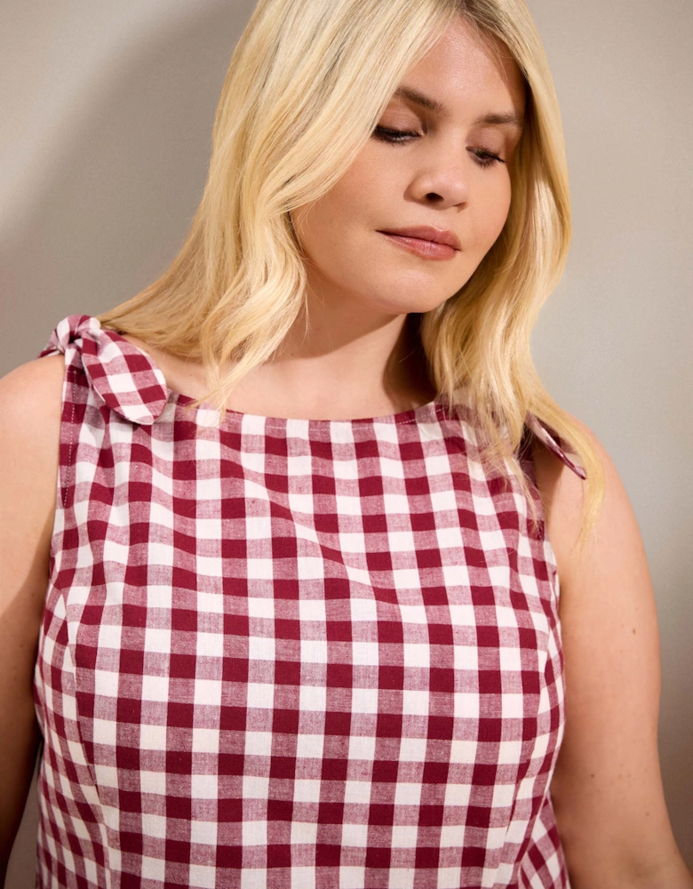 Berry Gingham Peplum Cotton-Linen Blend Bow Tie Top