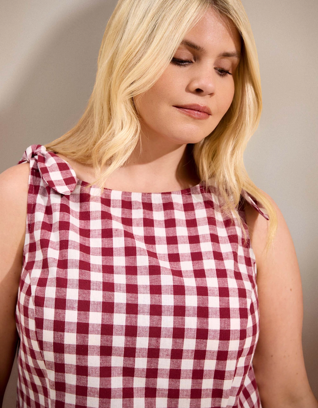 Berry Gingham Peplum Cotton-Linen Blend Bow Tie Top