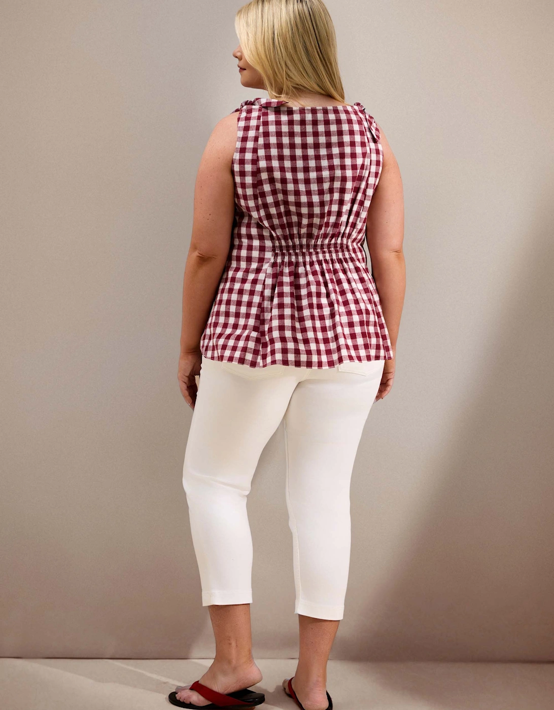 Berry Gingham Peplum Cotton-Linen Blend Bow Tie Top