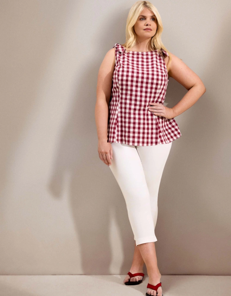 Berry Gingham Peplum Cotton-Linen Blend Bow Tie Top