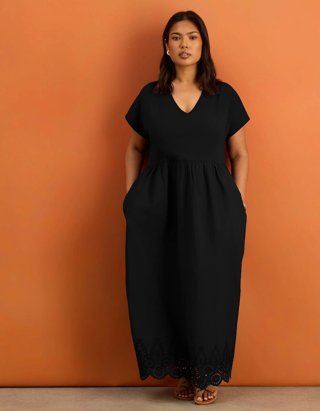 Black Jersey Woven Mix Broderie Maxi Dress