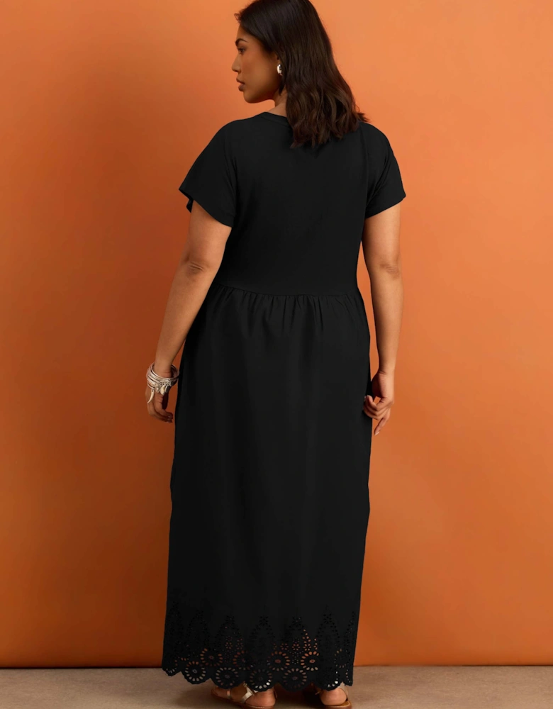 Black Jersey Woven Mix Broderie Maxi Dress