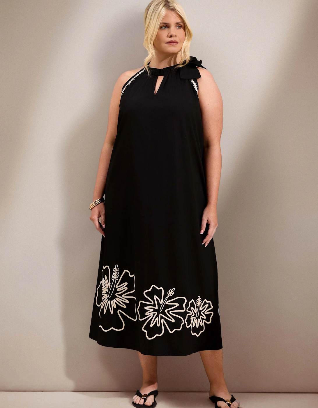 Black Cotton Halterneck Embroidered Floral Maxi Dress, 6 of 5