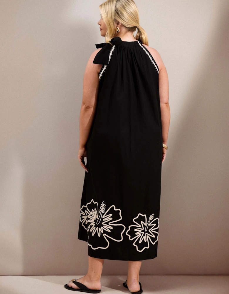 Black Cotton Halterneck Embroidered Floral Maxi Dress