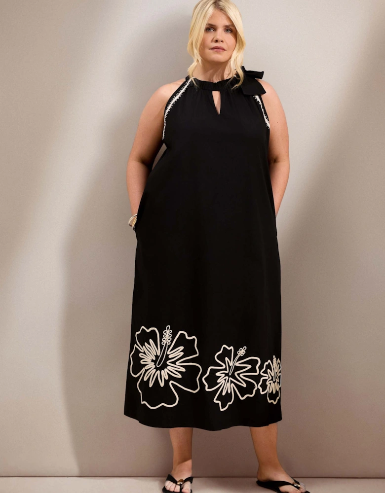 Black Cotton Halterneck Embroidered Floral Maxi Dress