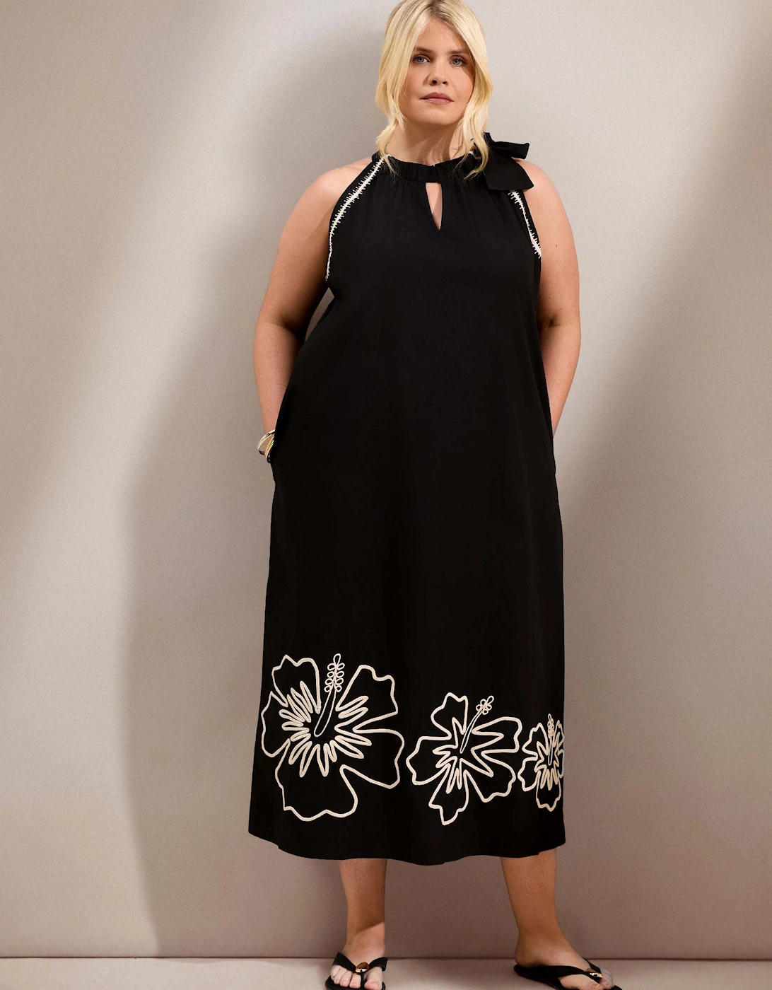 Black Cotton Halterneck Embroidered Floral Maxi Dress