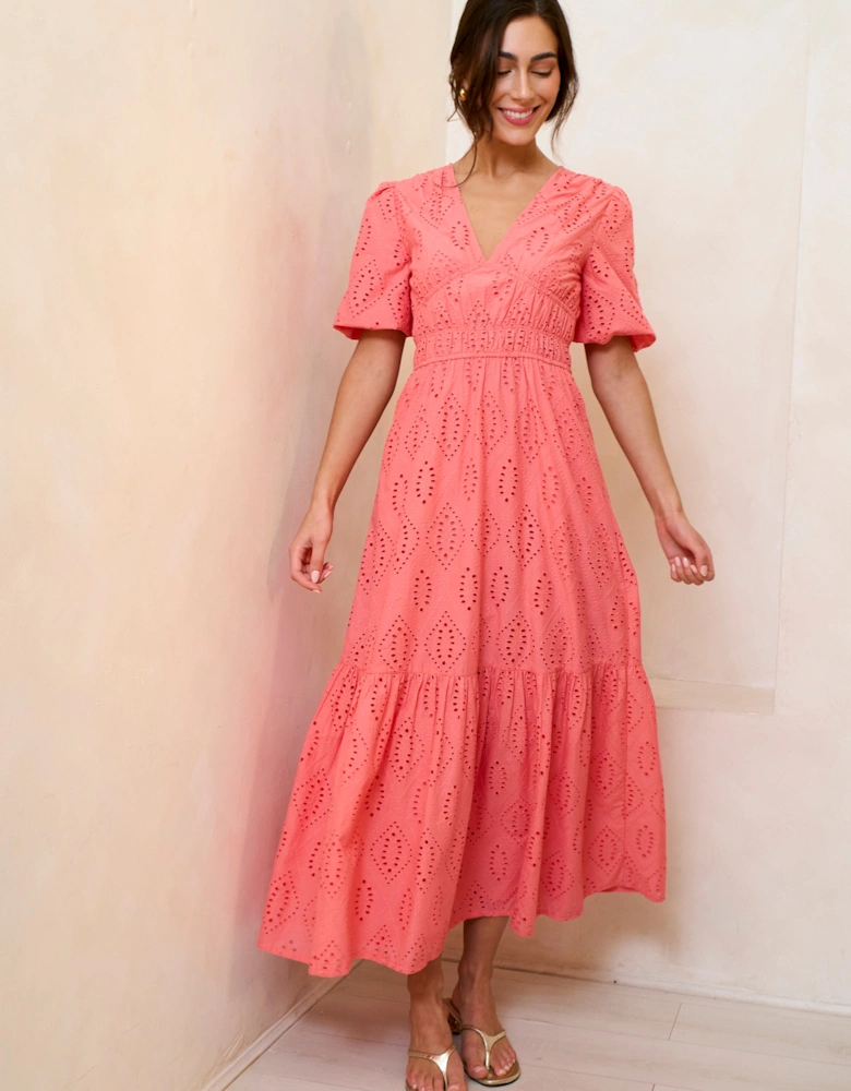 Coral Diamond Cutwork V Neck Broderie Dress