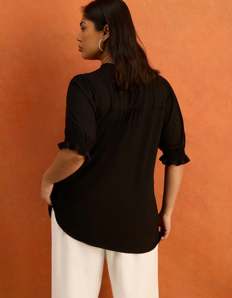 Black Jersey Shirred Sleeve V-Neck Top