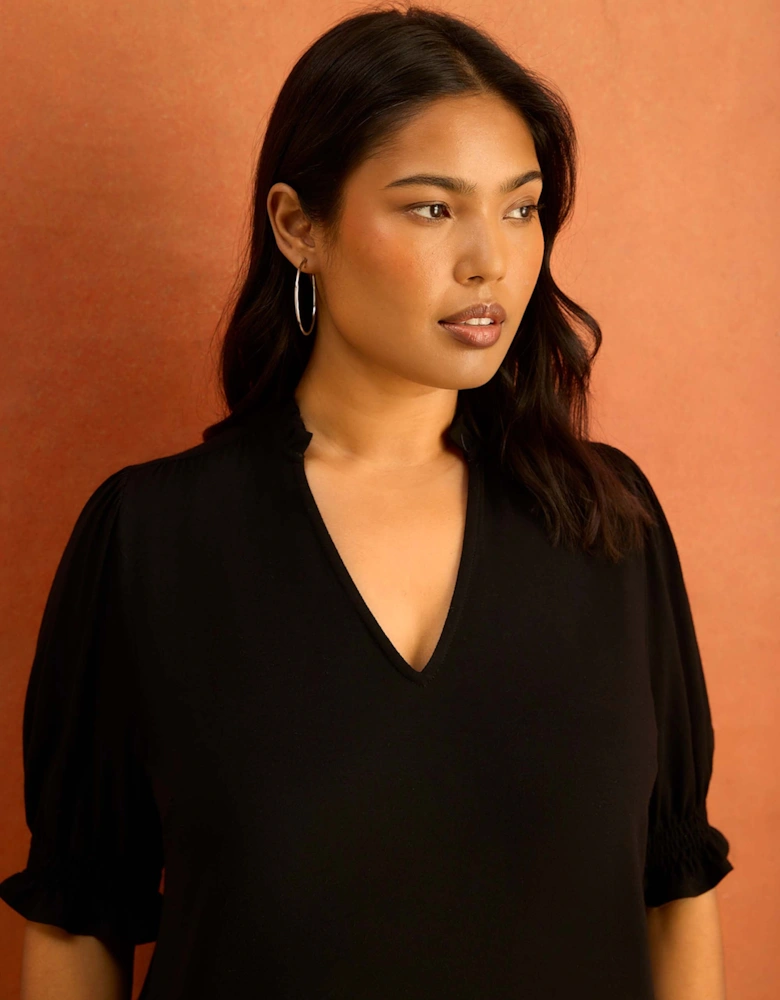 Black Jersey Shirred Sleeve V-Neck Top
