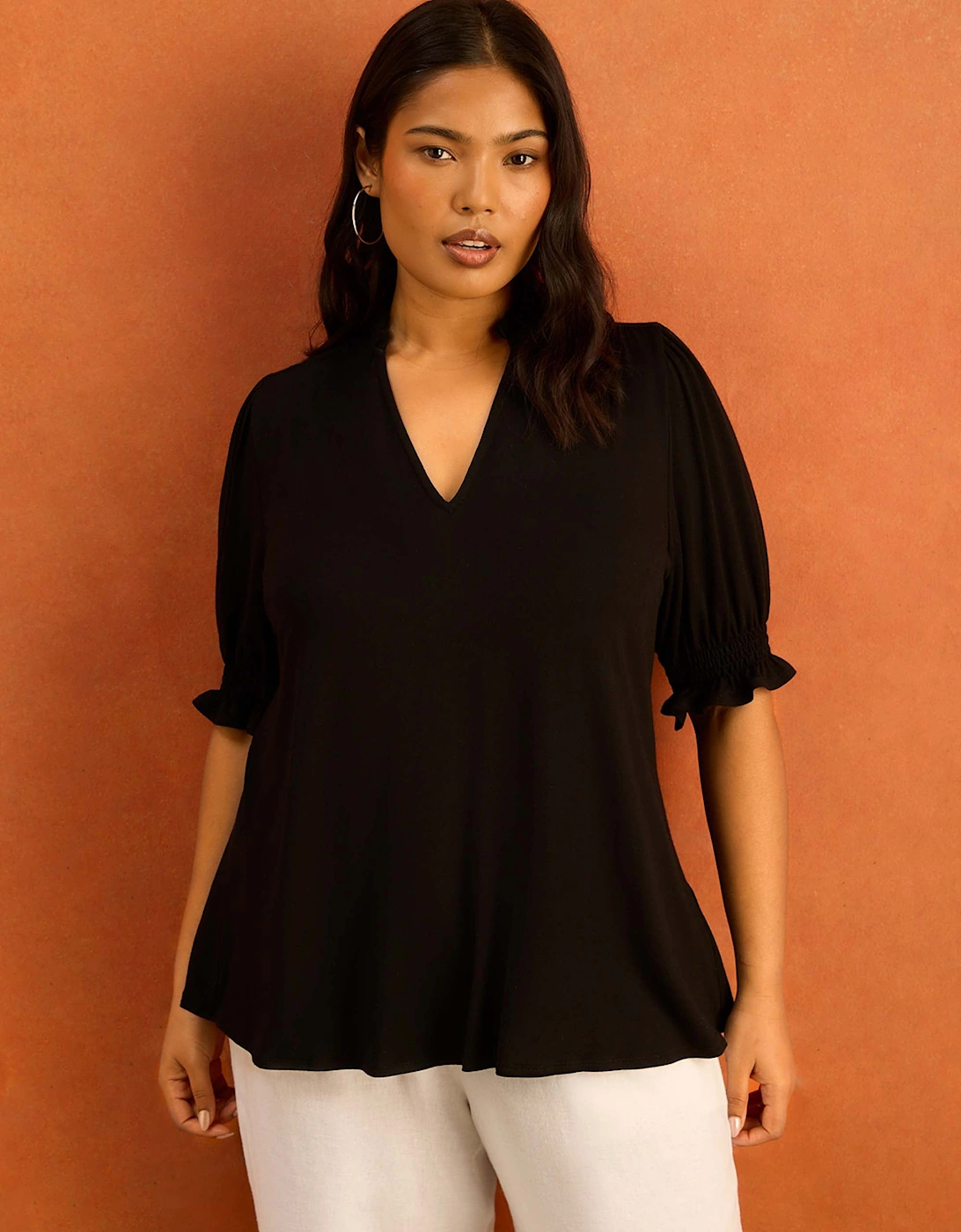 Black Jersey Shirred Sleeve V-Neck Top
