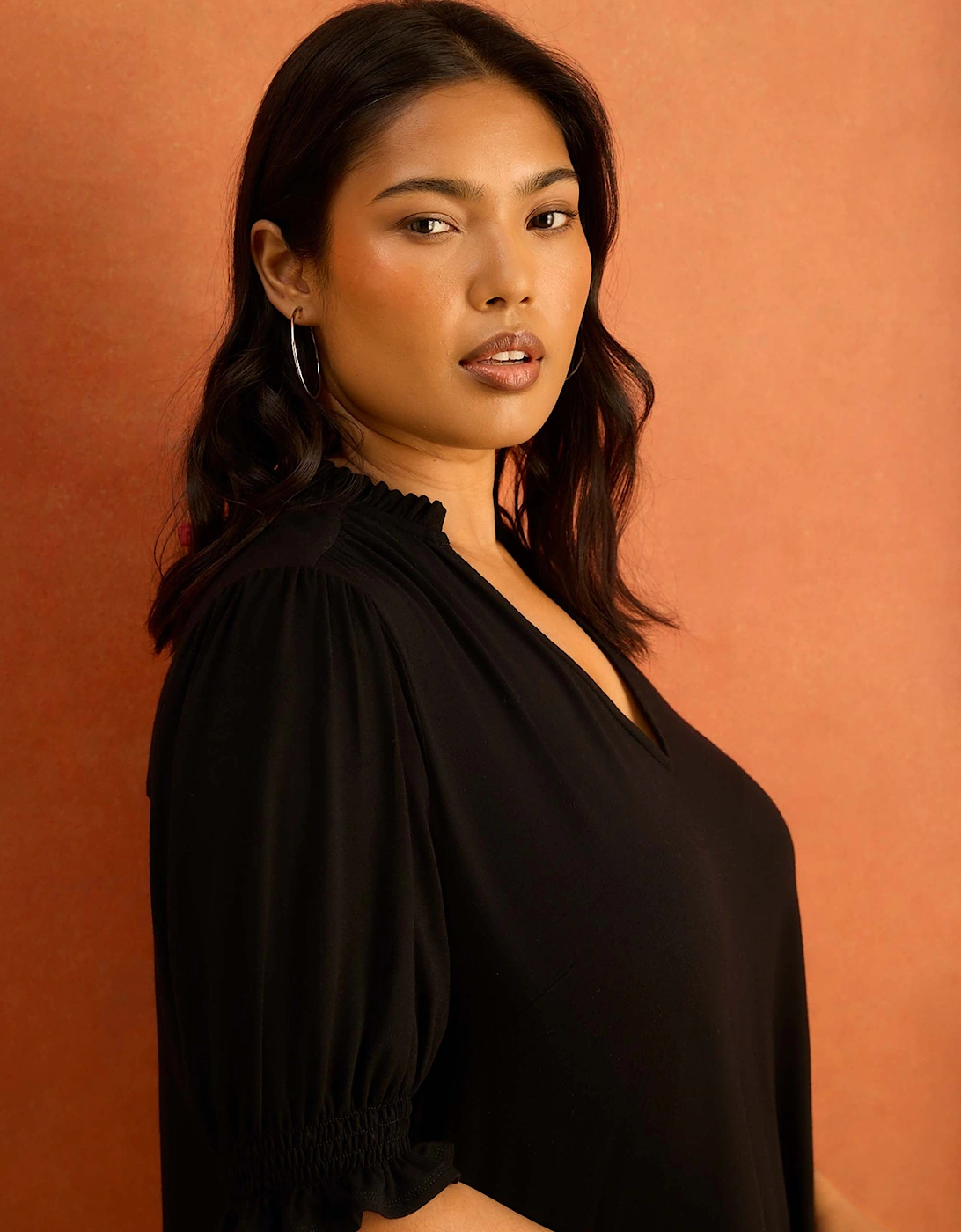 Black Jersey Shirred Sleeve V-Neck Top
