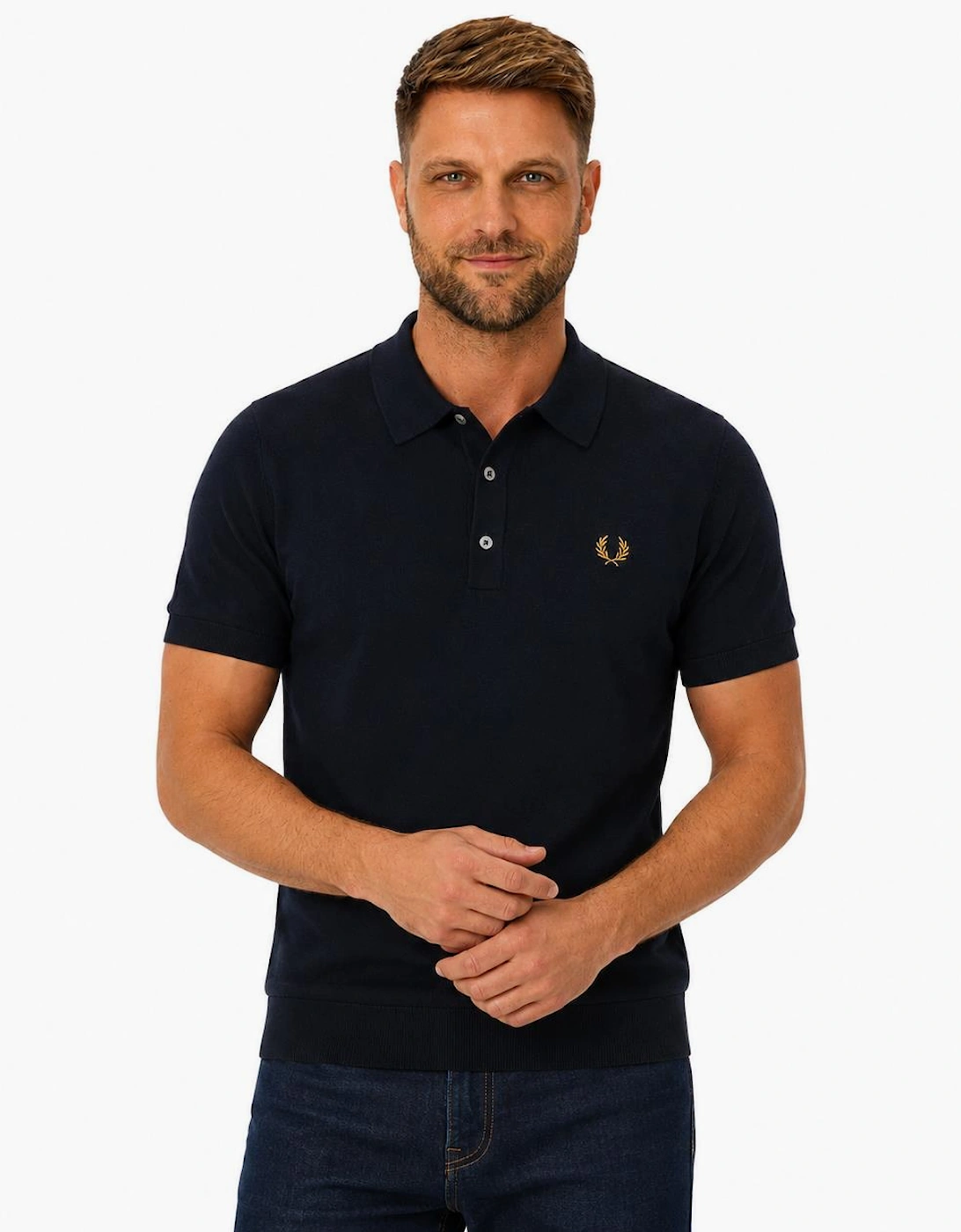 Fred Perry Cotton Knitted Polo Shirt Navy